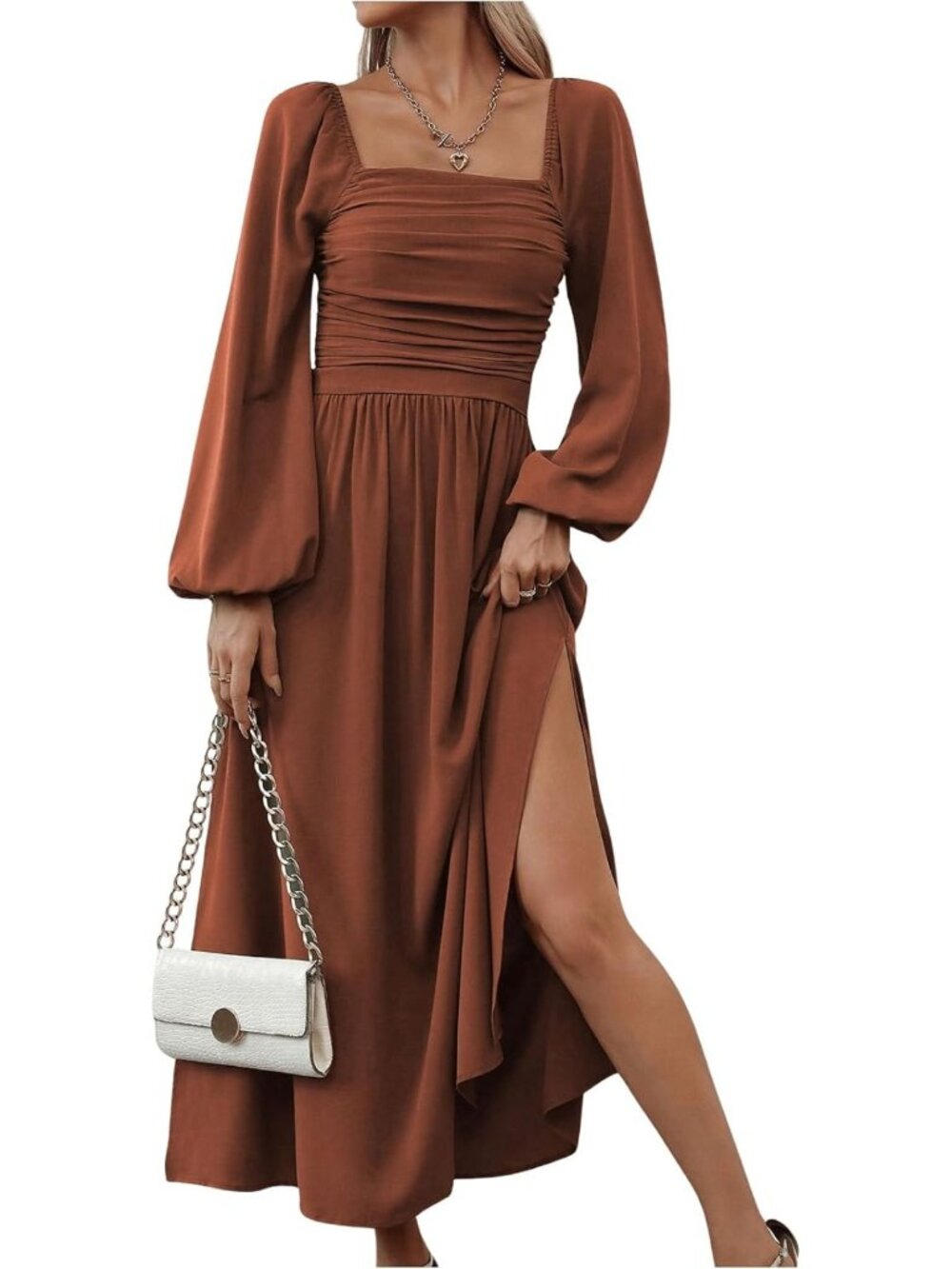 Chic Square Neck Lantern Sleeve Ruched Midi Dress - Stylish & Trendy Outfit - Picture 1 of 6